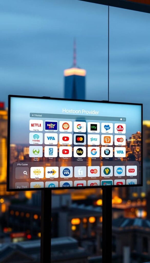 A sleek, modern IPTV guide interface displayed on a high-resolution digital screen. The background features a blurred city skyline, evoking a sense of urban sophistication. In the foreground, a clean, intuitive layout showcases a grid of TV channel logos, with the "Hoxtoon Provider" brand prominently displayed at the top. The interface is bathed in a warm, inviting lighting scheme, creating a premium, immersive experience. The overall composition conveys a sense of advanced technology, seamless usability, and elevated entertainment.