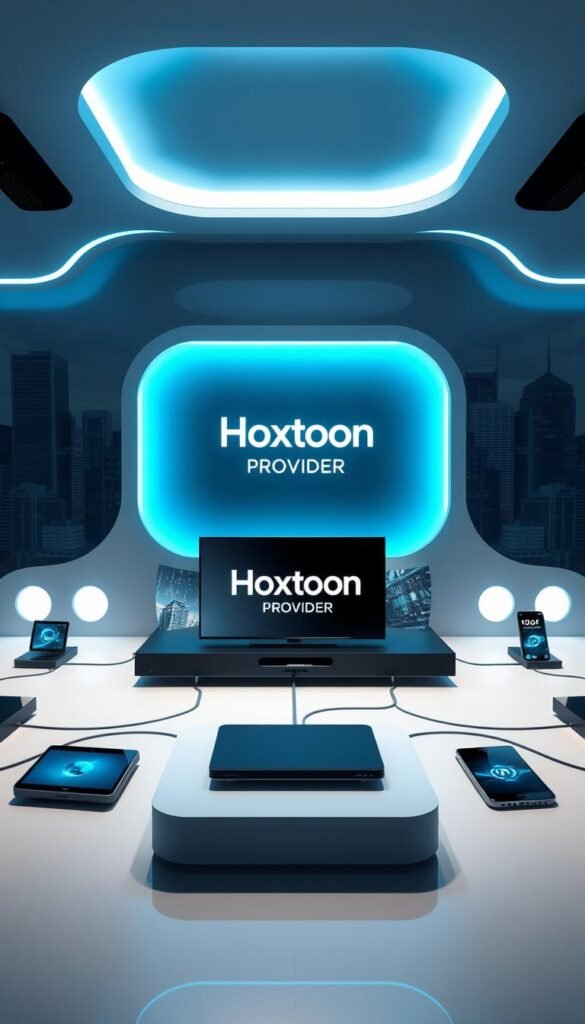 A sleek, modern IPTV hub with minimalist design, glowing blue and white accents. Centered is the "Hoxtoon Provider" logo, surrounded by a network of interconnected devices - smart TVs, tablets, smartphones - showcasing the seamless integration of IPTV technology. The background features a cityscape with skyscrapers and a futuristic, high-tech atmosphere. Soft, directional lighting casts dramatic shadows, highlighting the clean lines and advanced nature of the IPTV system. The overall scene conveys the efficiency, convenience and innovation of a cutting-edge IPTV service.