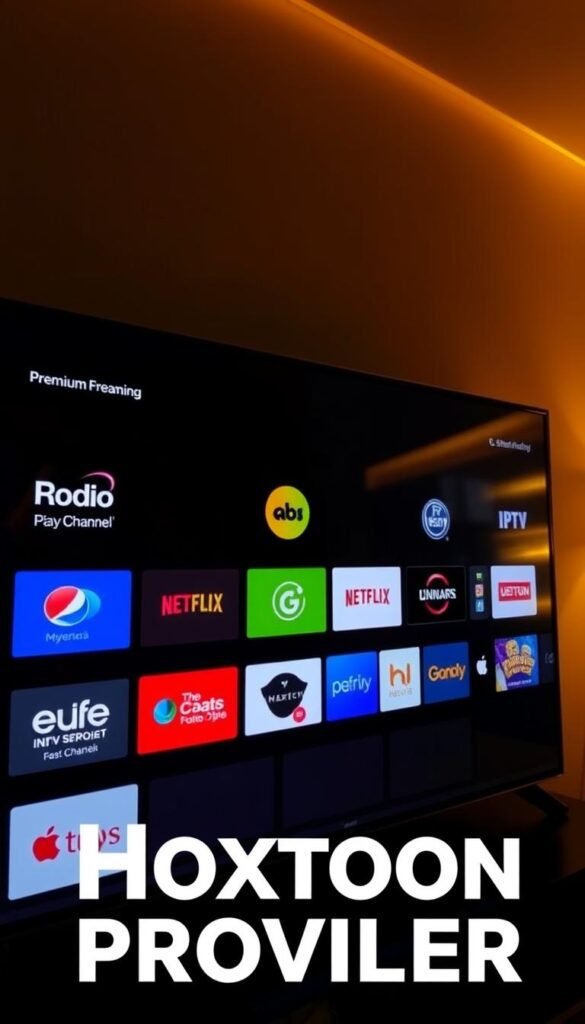 A sleek, modern IPTV interface displays a grid of colorful channel logos against a dark, minimalist background. The screen is illuminated by warm, diffused lighting, creating a premium, cinematic atmosphere. In the foreground, the Hoxtoon Provider logo prominently showcases the high-quality streaming service. The mid-ground features a selection of popular IPTV channels, each with a distinct visual identity. In the background, subtle visual cues suggest the vast array of content available, hinting at the depth and breadth of the IPTV experience.