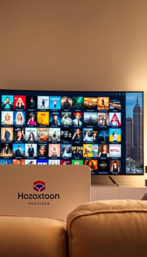 A sleek, modern IPTV interface showcasing a vast library of on-demand entertainment. The foreground features a clean, minimalist design with a prominent "Hoxtoon Provider" logo, while the middle ground displays a grid of high-quality thumbnails representing a diverse selection of movies, TV shows, and other video content. The background depicts a stylized city skyline, hinting at the boundless entertainment options available at the user's fingertips. The scene is bathed in a warm, inviting lighting, creating a sense of comfort and ease as the viewer imagines themselves immersed in the Hoxtoon IPTV experience. The overall composition conveys a sleek, technologically advanced, and user-friendly platform for on-demand entertainment.