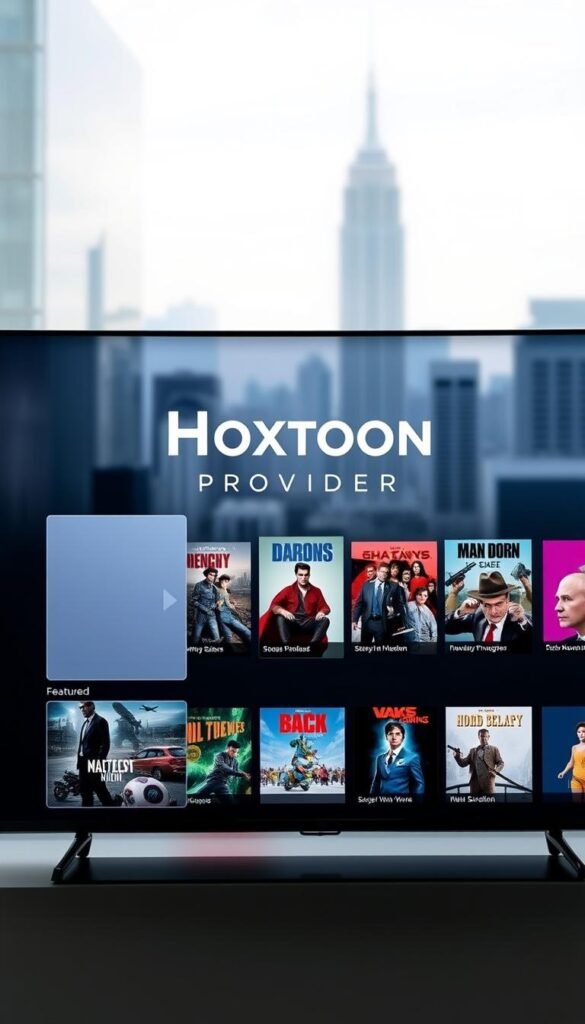 A sleek, modern IPTV interface with the Hoxtoon Provider brand prominently displayed. The foreground features a clean, intuitive layout with large tiles for different content categories, easy to navigate with a cursor or touch. The middle ground showcases a curated selection of featured titles, their covers and descriptions displayed in an eye-catching grid. In the background, a subtle gradient or blurred cityscape sets a sophisticated, urban tone. Soft lighting accentuates the interface's sharp lines and elegant design, creating an inviting and user-friendly experience.