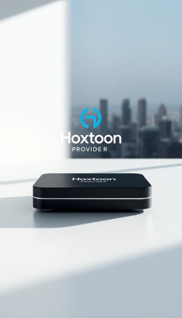 A sleek, modern IPTV mag box sits prominently in the foreground, its matte black exterior accented by subtle silver trim. The device is showcased in a well-lit, minimalist setting, casting soft shadows that add depth and dimension. In the middle ground, the Hoxtoon Provider logo is prominently displayed, conveying the brand's association with this specialized hardware. The background features a blurred, slightly out-of-focus cityscape, hinting at the global reach and connectivity enabled by the IPTV subscription service. The overall composition and lighting create a sense of sophistication and technological prowess, reflecting the capabilities of the mag box to deliver a vast array of premium television content.