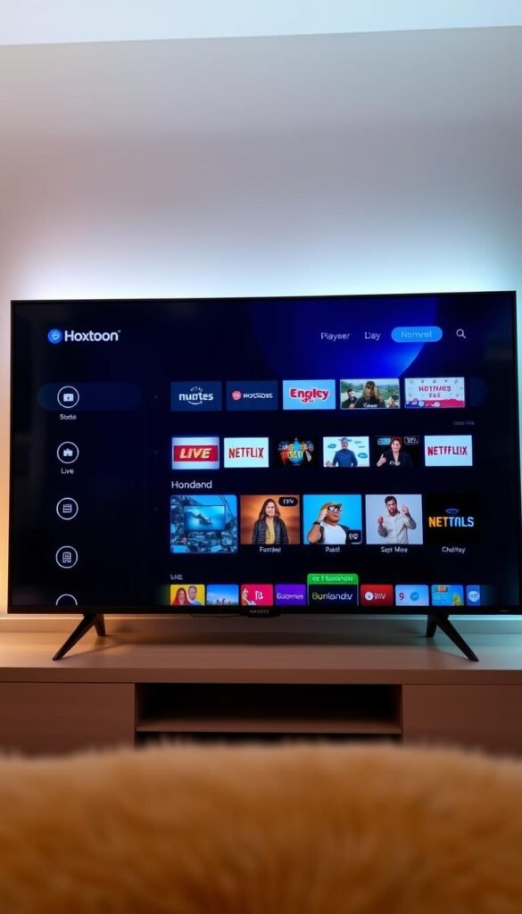 A sleek, modern IPTV player interface on a large smart TV screen, showcasing the Hoxtoon Provider brand. The player's UI has a clean, minimalist design with intuitive controls and a user-friendly layout. The screen displays a selection of popular live TV channels and on-demand content, highlighting the breadth of Hoxtoon's media library. Subtle lighting from behind the TV creates a warm, inviting atmosphere, while the camera angle provides a dynamic, immersive perspective. The overall scene conveys the ease and convenience of setting up and using the Hoxtoon IPTV player on a smart TV.