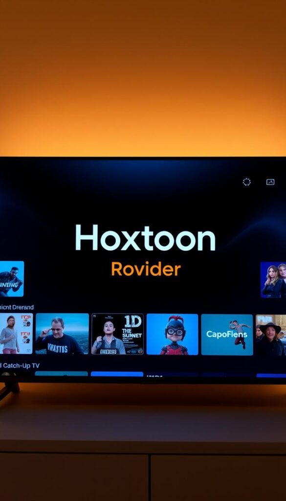 A sleek, modern IPTV player interface with a prominent "Hoxtoon Provider" logo in the center. The player displays a variety of on-demand and catch-up TV content, with a clean grid layout and intuitive controls. The background is a warm, minimalist design, with subtle lighting accents that create a refined, premium atmosphere. The overall composition conveys a sense of user-friendly functionality and the high-quality content available through the Hoxtoon subscription service.