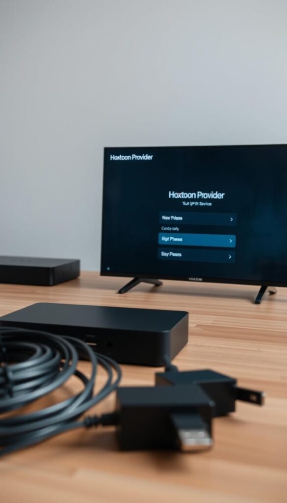 A sleek, modern IPTV set-top box, known as the "mag box", sits atop a minimalist wooden table. The box's exterior is a matte black finish, with discreet indicator lights and ports for connectivity. In the foreground, various cables and adapters are neatly arranged, hinting at the configuration process. The middle ground showcases the box's user interface, displaying the Hoxtoon Provider logo and menu options for setting up the IPTV service. The background is a soft, blurred gradient, creating a sense of focus on the technical details. The lighting is balanced, with subtle shadows and highlights accentuating the box's sleek design. The overall atmosphere conveys a sense of professionalism and attention to detail, reflecting the "Configuring Portal Settings for Your IPTV Service" section.