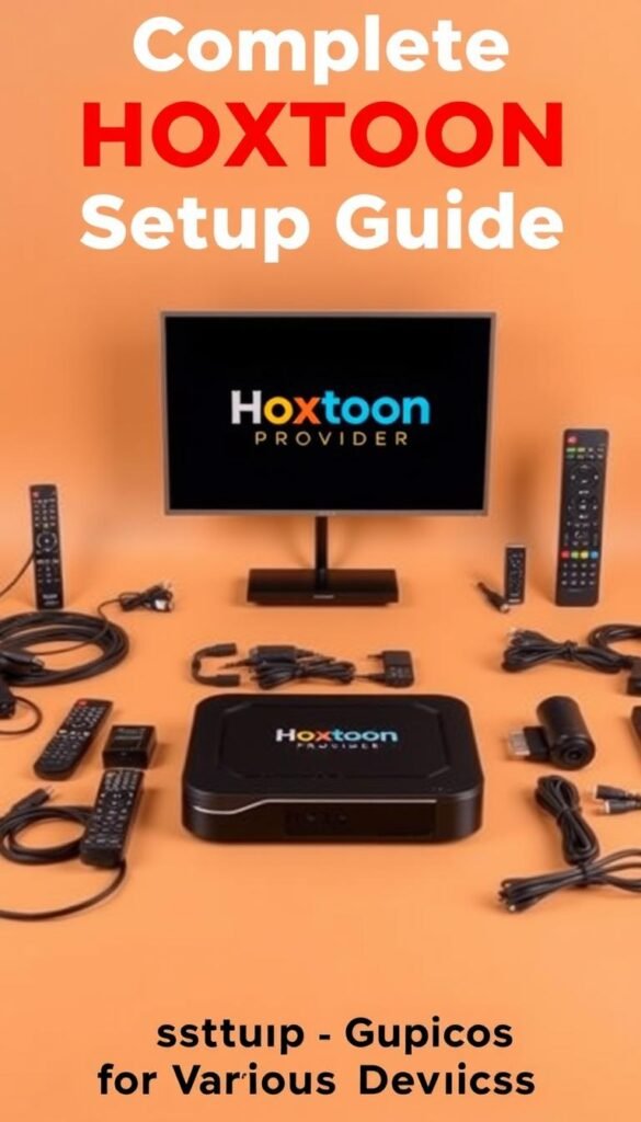 A sleek, modern IPTV setup guide for Indian channels, showcasing the Hoxtoon Provider service. Set against a warm, minimalist background, the image depicts a high-tech device, possibly a smart TV or set-top box, prominently displaying the Hoxtoon Provider logo. The device is surrounded by various cables, remote controls, and other accessories, all neatly arranged to convey a sense of organization and efficiency. The lighting is soft and diffused, creating a professional, yet inviting atmosphere. The overall composition emphasizes the simplicity and user-friendliness of the Hoxtoon IPTV solution, making it an ideal illustration for the "Complete HOXTOON Setup Guide for Various Devices" section.