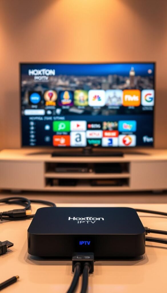 A sleek, modern IPTV setup with the Hoxtoon Provider logo prominently displayed. In the foreground, a minimalist black set-top box with clean lines and a glowing blue indicator light. Surrounding it, various HDMI and ethernet cables neatly organized. In the middle ground, a high-definition television screen displaying a vibrant, colorful interface with a grid of channel logos. The background features a blurred cityscape, hinting at the global reach and technological sophistication of the IPTV service. Warm, diffused lighting creates a sense of depth and atmosphere, while the composition emphasizes the sleek, futuristic nature of this revolutionary entertainment platform.