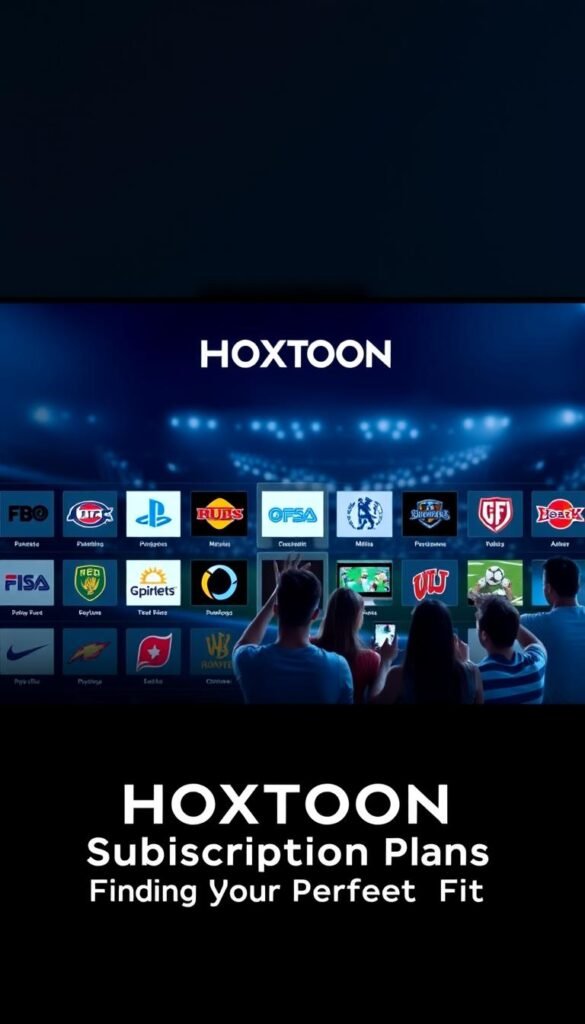 A sleek, modern IPTV sports channels interface with the Hoxtoon Provider brand prominently displayed. The foreground features a clean, minimalist design showcasing various sports channel logos in a grid-like layout, with a subtle gradient backdrop. The middle ground depicts a group of sports enthusiasts enjoying live matches on their devices, conveyed through soft, cinematic lighting and a sense of immersion. The background subtly incorporates dynamic graphics, creating a dynamic and engaging visual experience. The overall atmosphere exudes professionalism, reliability, and the excitement of live sports streaming, reflecting the "HOXTOON Subscription Plans: Finding Your Perfect Fit" section.