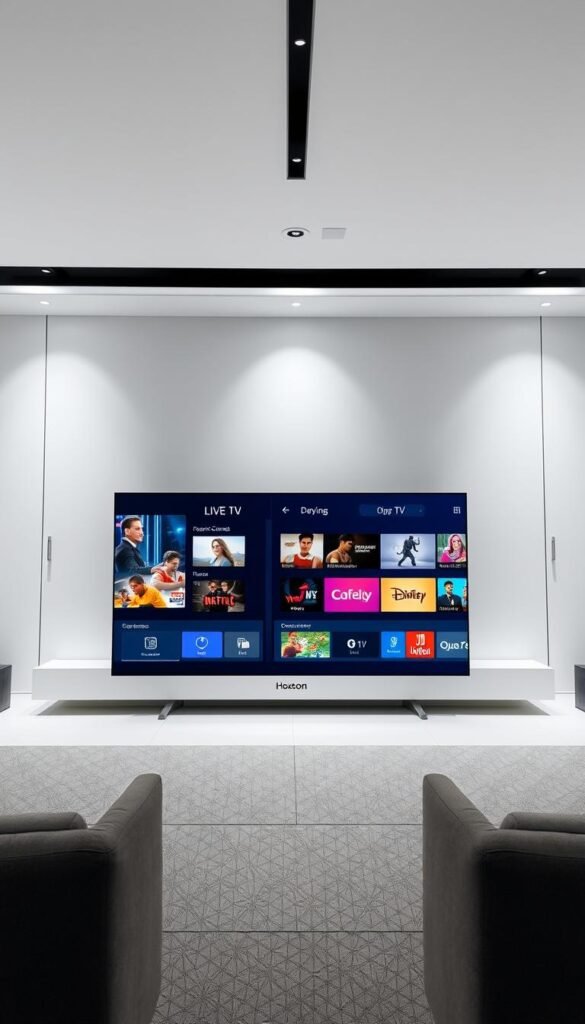 A sleek, modern IPTV streaming service interface, showcasing the Hoxtoon Provider brand. In the foreground, a high-resolution screen displays a selection of live TV channels and on-demand content with crystal-clear visuals. The middle ground features intuitive control panels and options for customizing the user experience. In the background, a minimalist, high-tech environment with clean lines and soft lighting creates a sense of sophistication and efficiency. The overall composition conveys the seamless, high-performance nature of the Hoxtoon IPTV streaming service.