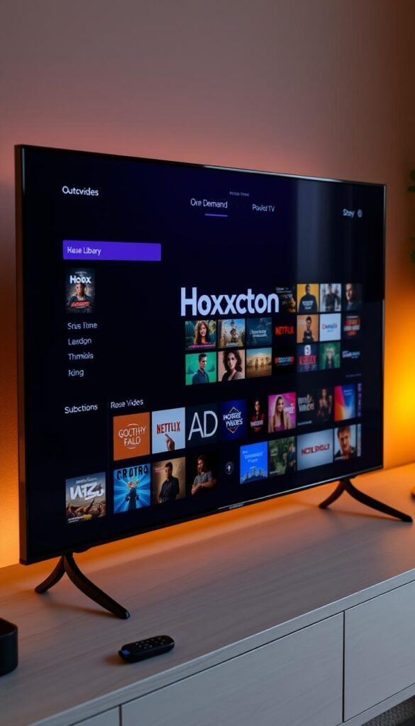 A sleek, modern IPTV subscription interface for Roku TV, prominently displaying the Hoxtoon Provider brand. The screen shows a vast library of over 150,000 on-demand videos, with intuitive navigation and high-quality thumbnails. The interface has a clean, minimalist design with a dark color scheme and subtle branding elements. The scene is lit by a warm, ambient light, creating a cozy and inviting atmosphere. The camera angle is slightly elevated, giving a comprehensive view of the Roku TV and the Hoxtoon Provider IPTV subscription interface.