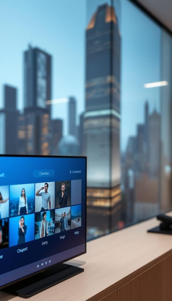 A sleek, modern IPTV user interface designed for the Hoxtoon Provider platform. The screen shows a clean, intuitive layout with bold typography and icons, creating a seamless and visually appealing experience. The interface features a minimalist color palette of blues and grays, complemented by soft, even lighting that gives it a polished, professional appearance. In the foreground, a grid of channel thumbnails is prominently displayed, allowing users to quickly navigate and select their desired content. The middle ground showcases various menu options and controls, while the background subtly depicts a blurred cityscape, suggesting a sense of connectivity and technology. The overall atmosphere is one of sophistication, efficiency, and user-centric design.