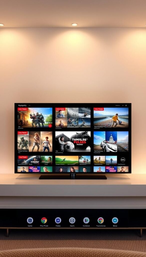 A sleek, modern IPTV user interface with a clean, minimalist design. The home screen features a prominent "Hoxtoon Provider" logo in the top left corner, indicating the service being used. The main content area showcases a grid of high-quality video thumbnails, representing the vast selection of live TV channels and on-demand content available. Smooth animations and intuitive navigation controls make it easy to browse and select desired programming. The interface is bathed in a warm, natural lighting, creating a comfortable and inviting atmosphere. The overall visual style conveys a sense of premium quality and user-centric experience.