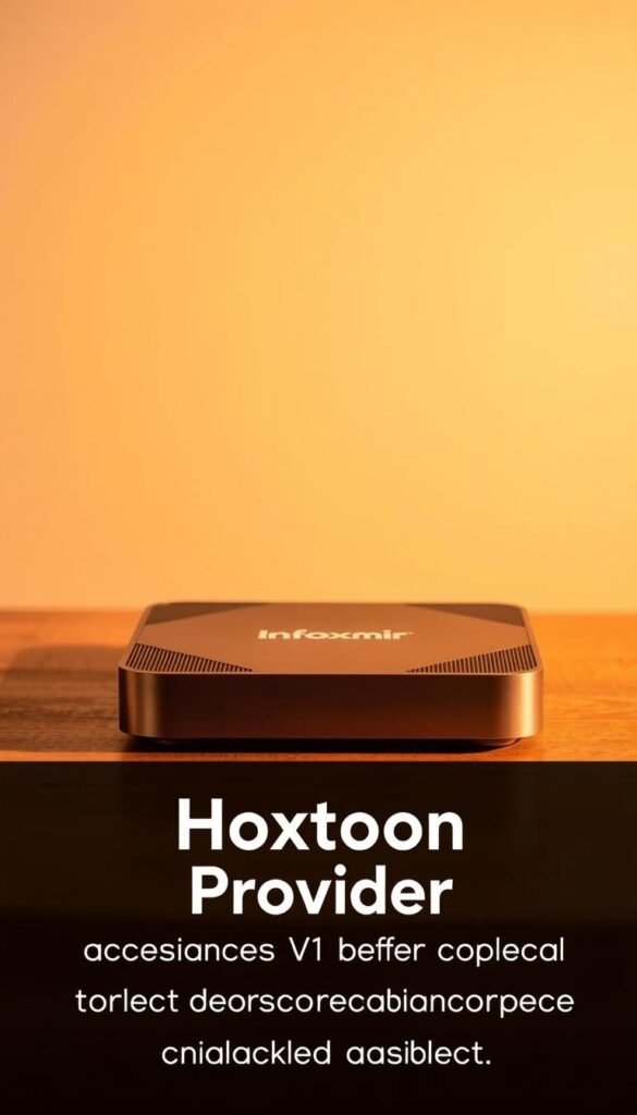 A sleek, modern Infomir TV box sits prominently on a wooden table, its metallic finish gleaming under warm studio lighting. In the foreground, a crisp, high-resolution image of the Hoxtoon Provider logo is displayed, contrasting with the box's streamlined design. The background fades into a softly blurred, neutral tone, allowing the central elements to stand out. The overall composition conveys a sense of quality, affordability, and the comparison between Infomir's subscription costs and the Hoxtoon Provider's IPTV offerings.
