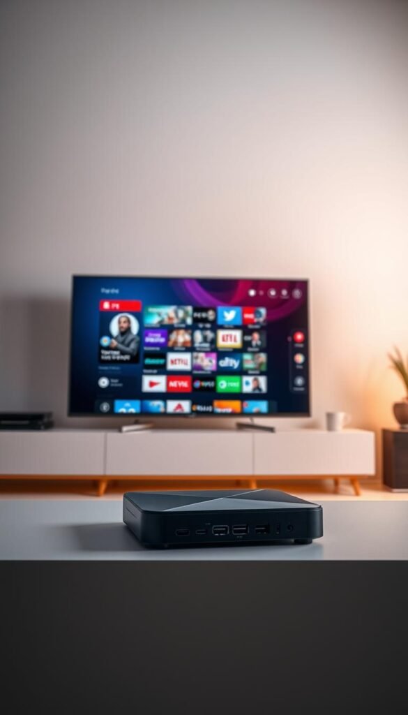 A sleek, modern Mag Box IPTV setup against a minimalist, well-lit backdrop. The Mag Box device is prominently displayed, showcasing its elegant design and connectivity ports. The screen displays the Hoxtoon Provider's vibrant user interface, highlighting the vast channel selection and intuitive navigation. Subtle, ambient lighting creates a warm, inviting atmosphere, while strategic camera angles emphasize the streamlined, user-friendly nature of the setup. The overall composition conveys a sense of simplicity, efficiency, and the power of the Hoxtoon Provider's comprehensive IPTV service.