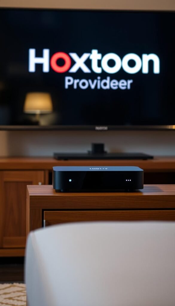 A sleek, modern Mag Box IPTV system sits atop a wooden entertainment center, its clean lines and minimalist design commanding attention. The device's subtle LED indicators softly glow, hinting at the advanced technology within. In the background, a large, high-definition television displays the Hoxtoon Provider logo, casting a warm, inviting glow across the scene. The lighting is soft and diffused, creating a sense of comfort and sophistication. The overall composition emphasizes the Mag Box's role as the centerpiece of a cutting-edge home entertainment setup, seamlessly integrating with the Hoxtoon Provider service to deliver a premium IPTV experience.