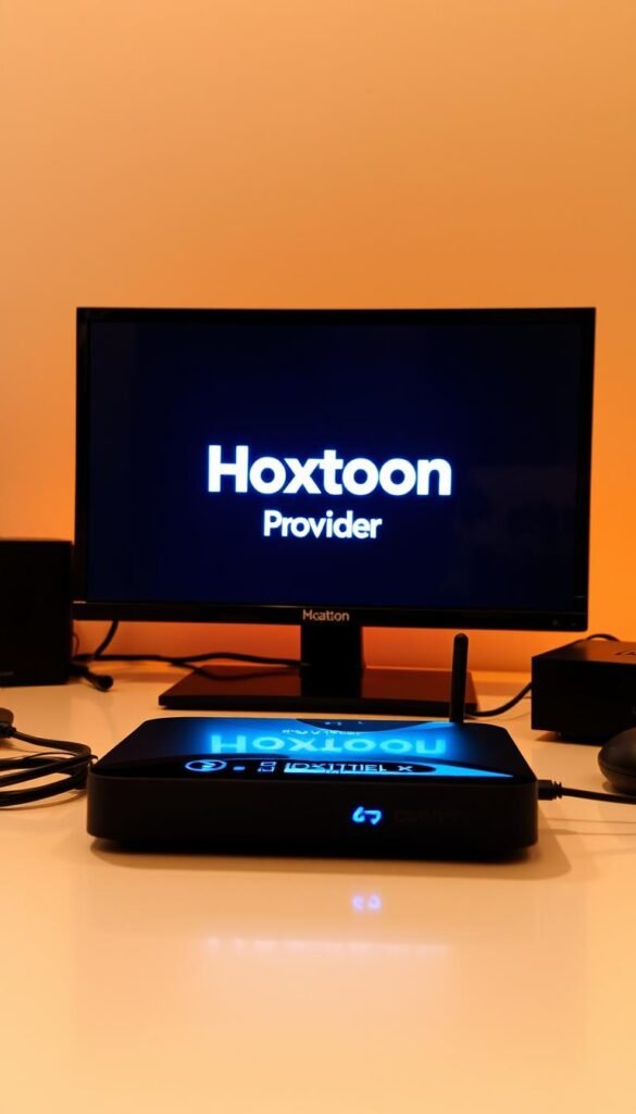 A sleek, modern Mag Box device rests on a clean, minimalist desk. The screen displays the Hoxtoon Provider logo, signaling the setup of this popular IPTV service. Warm, soft lighting illuminates the scene, creating a cozy atmosphere. The Mag Box is positioned prominently, its clean lines and polished finish gleaming. Cables and peripherals are neatly organized, reflecting the user's attention to detail. The overall composition conveys a sense of professionalism and efficiency, perfectly capturing the step-by-step process of setting up Hoxtoon on different Mag Box models.