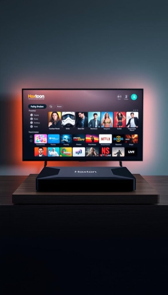 A sleek, modern Mag box displaying a grid of IPTV channels, showcasing the robust content offering of the Hoxtoon Provider. The box sits atop a minimalist, wood-grain surface, casting a warm glow from its soft, diffused lighting. The channels are crisp and vibrant, hinting at the high-quality streaming experience Hoxtoon delivers. In the background, a subtle gradient adds depth, highlighting the box's elegant design. The overall scene conveys a sense of premium technology and reliable entertainment, tailored for the discerning Mag box user. A sleek, modern Mag box displaying a grid of IPTV channels, showcasing the robust content offering of the Hoxtoon Provider. The box sits atop a minimalist, wood-grain surface, casting a warm glow from its soft, diffused lighting. The channels are crisp and vibrant, hinting at the high-quality streaming experience Hoxtoon delivers. In the background, a subtle gradient adds depth, highlighting the box's elegant design. The overall scene conveys a sense of premium technology and reliable entertainment, tailored for the discerning Mag box user.