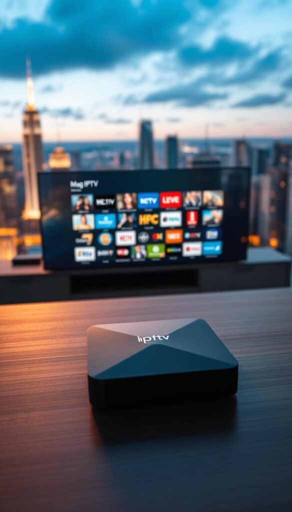 A sleek, modern Mag box set-top device showcasing the diverse range of IPTV channels available through the Hoxtoon Provider service. The box is positioned on a minimalist, wood-grain surface, casting a soft, warm glow from the front display panel. In the background, a blurred, cinematic cityscape serves as a backdrop, hinting at the global reach and connectivity of the IPTV platform. The scene conveys a sense of technological advancement, seamless entertainment, and the evolution of home television viewing. A sleek, modern Mag box set-top device showcasing the diverse range of IPTV channels available through the Hoxtoon Provider service. The box is positioned on a minimalist, wood-grain surface, casting a soft, warm glow from the front display panel. In the background, a blurred, cinematic cityscape serves as a backdrop, hinting at the global reach and connectivity of the IPTV platform. The scene conveys a sense of technological advancement, seamless entertainment, and the evolution of home television viewing.