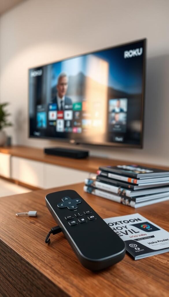 A sleek, modern Roku IPTV player resting on a minimalist, wooden entertainment stand. The player's smooth, black casing is offset by its distinct, silver accents, creating a refined, high-tech aesthetic. The player is connected to a large, wall-mounted 4K television via an HDMI cable, casting a warm, cinematic glow throughout the living room. In the foreground, a wireless remote with intuitive controls sits atop the entertainment stand, ready for easy navigation of the Roku's interface. In the background, a neatly organized stack of Hoxtoon Provider streaming media guides and brochures hint at the powerful IPTV service powering the Roku player's content.