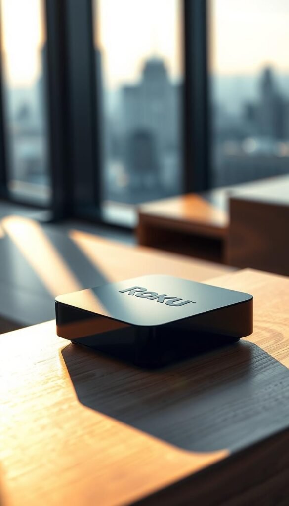 A sleek, modern Roku IPTV player rests on a minimalist wooden surface, its smooth matte black exterior reflecting the warm glow of a subtle side lighting. The device's compact, angular design is accentuated by crisp shadows, creating a sense of depth and dimension. In the background, a blurred city skyline can be seen through a large window, hinting at the player's connectivity and integration with the digital world. The overall scene conveys a sense of simplicity, technology, and the Hoxtoon Provider's seamless user experience.