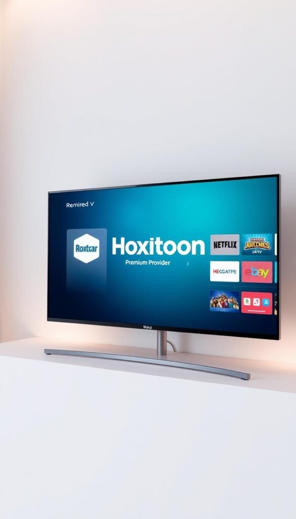 A sleek, modern Roku TV displaying the premium IPTV service "Hoxtoon Provider" on its screen. The TV is set against a minimalist backdrop, with a clean, white surface and subtle lighting that casts a soft, warm glow. The Roku interface is prominently featured, showcasing the Hoxtoon Provider logo and interface elements. The overall composition conveys a sense of high-quality, seamless entertainment, highlighting the value and convenience of the 3-year Hoxtoon Provider subscription.