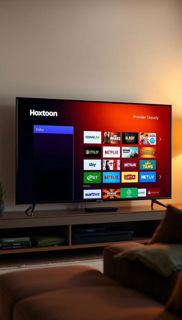 A sleek, modern Roku TV interface displaying the Hoxtoon Provider IPTV app, showcasing its intuitive navigation and robust content library. The screen is bathed in a warm, inviting glow, with clean lines and a minimalist design that highlights the app's user-friendly features. The TV is positioned in a stylish, well-lit living room setting, conveying the seamless integration of Hoxtoon's IPTV service into the Roku TV ecosystem. The overall scene emanates a sense of convenience, entertainment, and the future of smart home technology.
