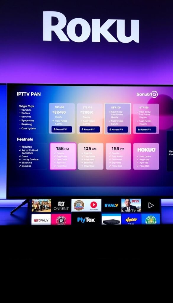 A sleek, modern Roku TV interface displays a grid of IPTV subscription plans from the Hoxtoon Provider. The foreground features prominent plan options with clear pricing and feature details. The middle ground showcases the diverse channel lineup available, while the background blends a soft, gradient-infused color scheme complementing the Roku branding. Realistic lighting and a clean, minimal aesthetic create a professional, trustworthy presentation of the Hoxtoon IPTV service on Roku TV.