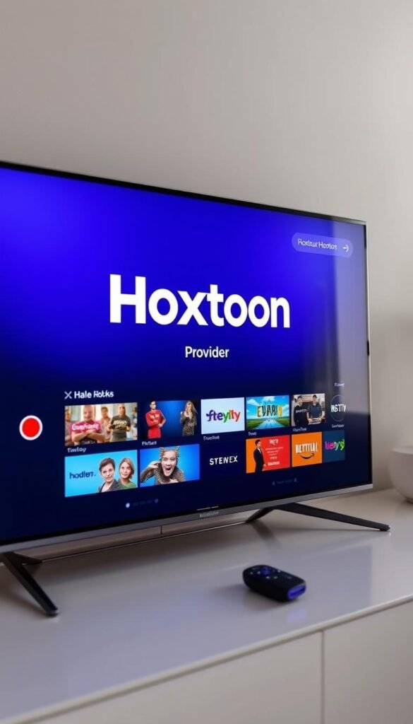 A sleek, modern Roku TV prominently displays the "Hoxtoon Provider" logo, its crisp interface showcasing a diverse array of streaming content. The device is captured in a well-lit, minimalist setting, with clean lines and a subtle color palette that accentuates its premium design. The image conveys a sense of ease and accessibility, hinting at the seamless integration of Hoxtoon's IPTV service with the Roku platform. The composition places the TV in the foreground, allowing the viewer to focus on the device and the Hoxtoon brand, while the background remains softly blurred, creating a sense of depth and emphasizing the product as the central focus.
