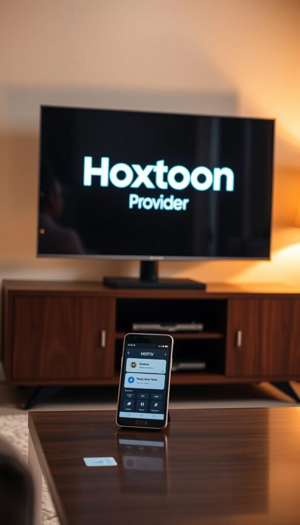 A sleek, modern Samsung Smart TV stands prominently in the frame, its screen displaying the Hoxtoon Provider logo. The living room setting is bathed in warm, ambient lighting, creating a cozy and inviting atmosphere. On the TV stand, a smartphone is positioned, its screen showing the IPTV subscription interface, ready for setup. The scene conveys a sense of effortless technology integration, highlighting the ease of accessing Hoxtoon's streaming services on the Samsung Smart TV.