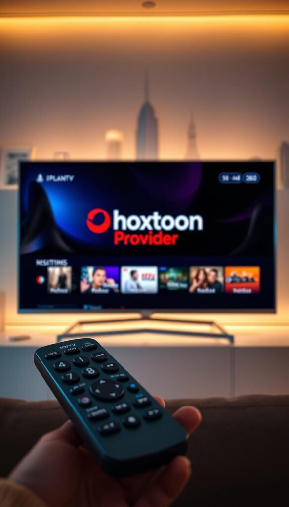 A sleek, modern TV screen displays the "Hoxtoon Provider" logo, showcasing the latest IPTV Premium2024 interface. The screen is surrounded by a minimalist, metallic frame, casting a warm, ambient glow. In the foreground, a remote control with intuitive buttons and a sleek, futuristic design invites the user to explore the endless entertainment options. The background features a blurred, cinematic cityscape, hinting at the global reach and diversity of the IPTV Premium2024 platform. The overall scene conveys a sense of technological sophistication, convenience, and the evolution of streaming entertainment.
