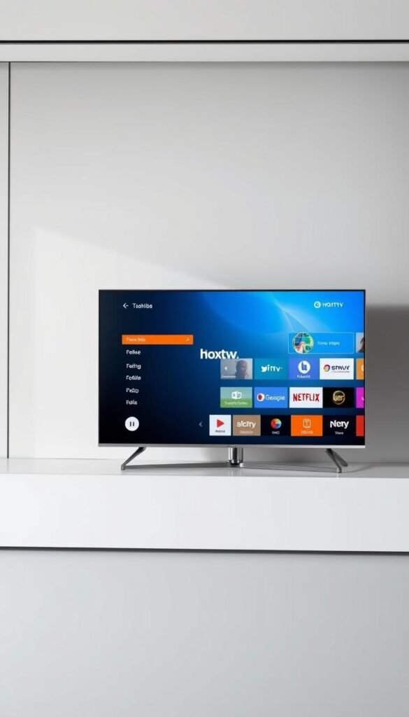 A sleek, modern Toshiba smart TV with a detailed comparison of the Hoxtoon IPTV provider interface displayed on the screen. The TV is set against a backdrop of clean, contemporary lines and neutral tones, creating a sophisticated and minimalist ambiance. The Hoxtoon provider logo is prominently featured, showcasing its integration with the Toshiba smart TV platform. The image captures the seamless integration of the IPTV service with the Toshiba smart TV, highlighting the user-friendly experience and the advanced features available to the viewer.
