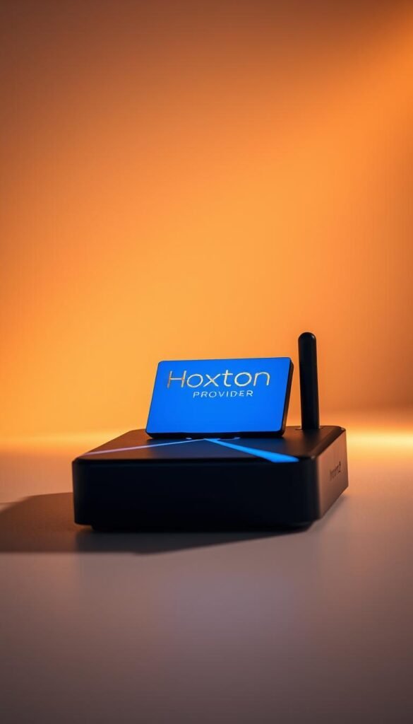 A sleek, modern android TV box sits prominently, its elegant design and polished exterior catching the eye. Atop the device, the Hoxtoon Provider logo shines, signifying the powerful IPTV subscription service it offers. The box is positioned in a well-lit, minimalist setting, allowing its features to take center stage. Warm, directional lighting casts a soft glow, creating a sense of premium quality and sophistication. The camera angle is slightly elevated, giving the viewer a sense of the box's capabilities and versatility. Overall, the scene conveys the perfect synergy between advanced hardware and seamless IPTV access, presenting the ultimate solution for entertainment enthusiasts.