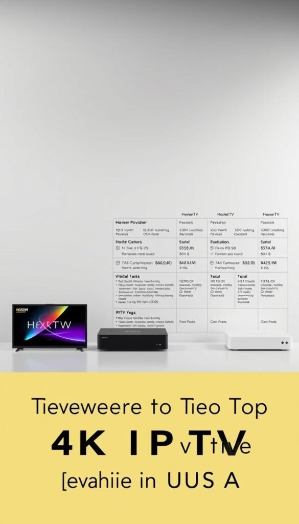 A sleek, modern comparison of 4K IPTV services, showcasing the Hoxtoon Provider alongside other top options. Set against a minimalist, tech-inspired backdrop, the image features clean lines, neutral tones, and subtle highlights. In the foreground, neatly arranged product shots of the 4K IPTV devices, each with a distinct design. In the middle ground, detailed specifications and performance metrics, presented in a clear, data-driven layout. The background subtly hints at the broader landscape of the 4K IPTV market, with subtle gradients and geometric patterns. The overall mood is one of professionalism, innovation, and informed decision-making, reflecting the article's focus on discovering the top 4K IPTV provider in the USA.