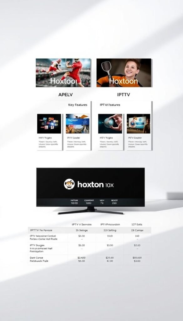A sleek, modern comparison of popular IPTV service providers displayed on a minimalist, white background. In the foreground, a clean grid layout showcases the Hoxtoon Provider, its key features, and pricing details. The middle ground features additional IPTV options, each presented in an organized manner with concise information. Soft, directional lighting creates depth and highlights the service details. The overall composition conveys a sense of professionalism and clarity, perfectly suited to inform readers about the best IPTV premium Reddit options.