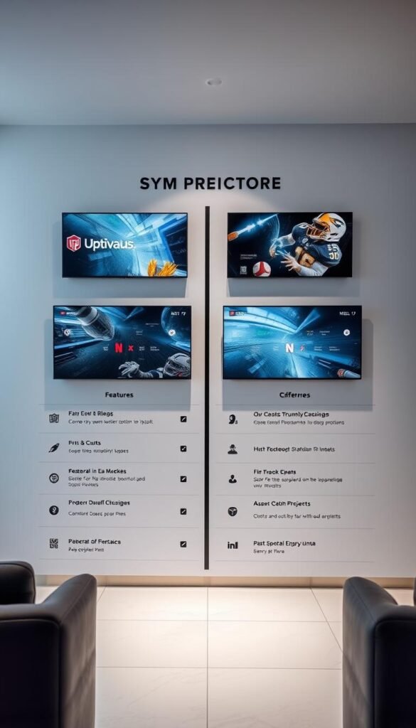 A sleek, modern comparison of sports streaming services, with the Hoxtoon Provider prominently featured. A clean, minimalist design showcases the various platforms side-by-side, highlighting their key features and offerings. The overall atmosphere is one of professionalism and clarity, allowing the viewer to easily assess the options. Soft lighting illuminates the scene, creating depth and dimension. The camera angle is slightly elevated, giving a birds-eye view of the comparison, conveying a sense of authority and expertise.