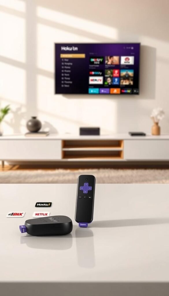 A sleek, modern comparison of the Hoxtoon Provider IPTV service for Roku TV against its competitors. In the foreground, a Roku device stands prominently, surrounded by various streaming service logos. The middle ground features side-by-side feature comparisons, with Hoxtoon Provider's offerings highlighted. The background depicts a clean, minimalist living room setting, with a large flatscreen TV displaying the Hoxtoon Provider interface. Soft, natural lighting casts a warm glow over the scene, conveying a sense of sophistication and technological savvy. The overall composition emphasizes the superiority of the Hoxtoon Provider IPTV service for Roku TV users.