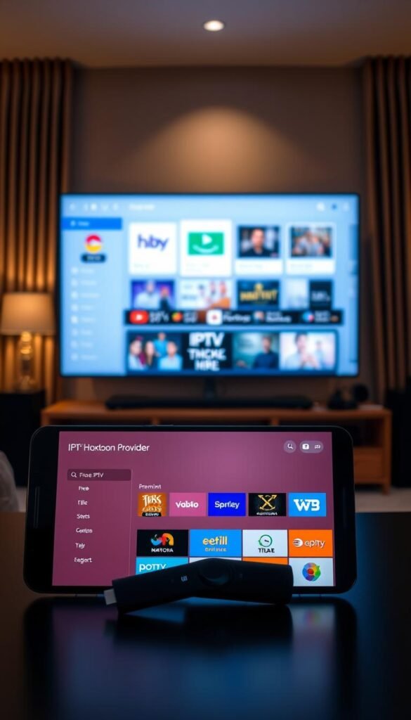 A sleek, modern comparison of two IPTV app interfaces displayed side-by-side on a Firestick device. In the foreground, the free "Hoxtoon Provider" app showcases its streamlined layout and intuitive navigation, while the premium IPTV service occupies the middle ground, boasting a more robust feature set and visual sophistication. The background depicts a realistic living room setting, with warm lighting and subtle reflections, creating an immersive and relatable environment. The overall tone is one of professionalism and technological prowess, inviting the viewer to explore the nuances between the free and premium IPTV options.