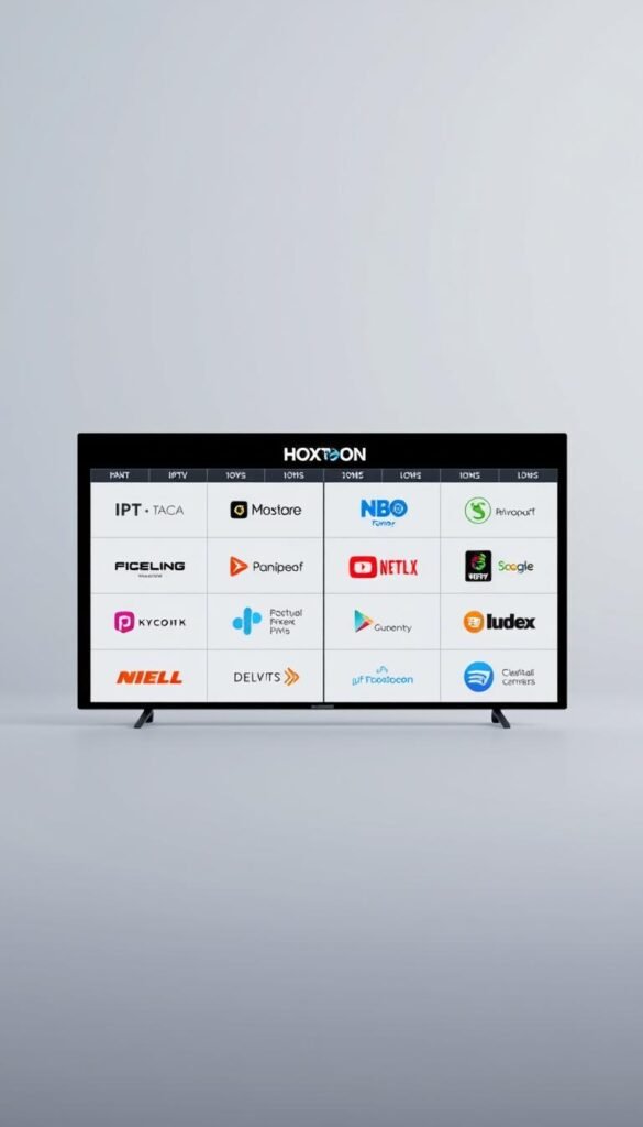 A sleek, modern comparison of various IPTV providers, showcasing the Hoxtoon Provider in the foreground. The image features a minimalist, high-contrast design with clean lines and geometric shapes. In the middle ground, a grid-like layout displays the logos and key features of different IPTV services, allowing for easy side-by-side comparison. The background is a soft, blurred gradient, creating a sense of depth and focus on the central comparison. The lighting is crisp and directional, adding depth and definition to the elements. The overall mood is professional, informative, and visually appealing, perfectly suited to illustrate the "Comparing HOXTOON with Other IPTV Providers" section of the article.