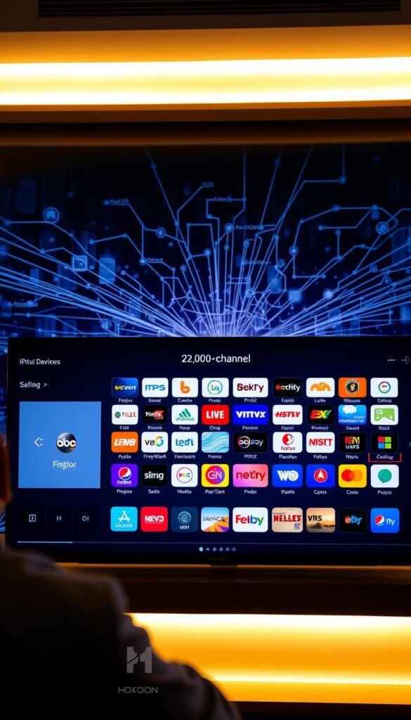 A sleek, modern control panel interface showcasing the "Hoxtoon Provider" IPTV service. In the foreground, a high-definition video stream plays seamlessly, with no signs of buffering or lag. The middle ground features a grid of channel logos, each representing the extensive 21,000+ channel selection. In the background, a dynamic visualization of data flows and network connections emphasizes the stability and reliability of the Hoxtoon platform. The scene is bathed in a warm, inviting lighting, conveying a sense of effortless, buffer-free entertainment. A sleek, modern control panel interface showcasing the "Hoxtoon Provider" IPTV service. In the foreground, a high-definition video stream plays seamlessly, with no signs of buffering or lag. The middle ground features a grid of channel logos, each representing the extensive 21,000+ channel selection. In the background, a dynamic visualization of data flows and network connections emphasizes the stability and reliability of the Hoxtoon platform. The scene is bathed in a warm, inviting lighting, conveying a sense of effortless, buffer-free entertainment.