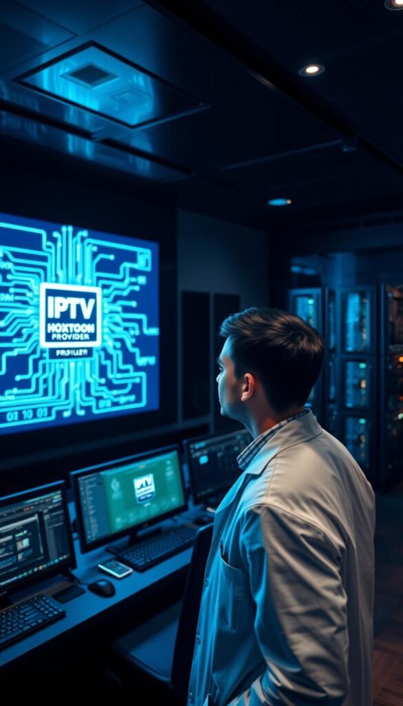 A sleek, modern control room with a central console displaying a schematic diagram of IPTV technology. Glowing blue and green lines trace the flow of data, with the Hoxtoon Provider logo prominently featured. In the foreground, a technician in a white lab coat examines a series of monitors, their face illuminated by the soft glow of the screens. The background is dimly lit, with various server racks and networking equipment visible, casting long shadows across the room. The overall atmosphere is one of precision, efficiency, and technological sophistication.