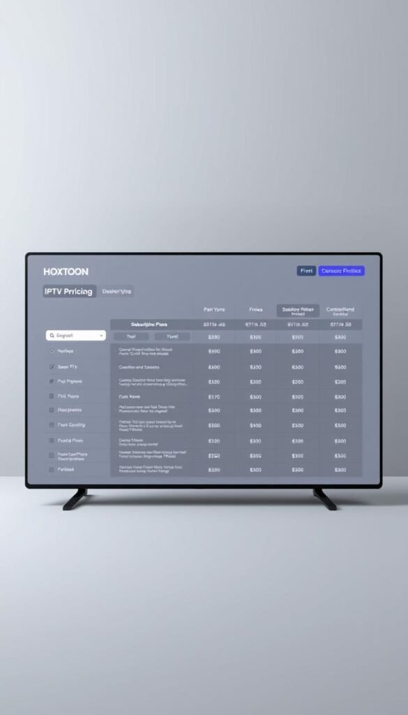 A sleek, modern dashboard display showcasing the IPTV pricing plans offered by the Hoxtoon Provider. The foreground features a series of neatly organized subscription tiers, each with clear pricing information and a brief description of the included features. The background is a minimalist gray gradient, allowing the pricing details to take center stage. The overall composition has a professional, high-tech aesthetic, with clean typography and subtle highlights that draw the viewer's attention to the key details. The lighting is soft and even, creating a sense of clarity and elegance. The camera angle is slightly elevated, giving the impression of an interactive digital interface.