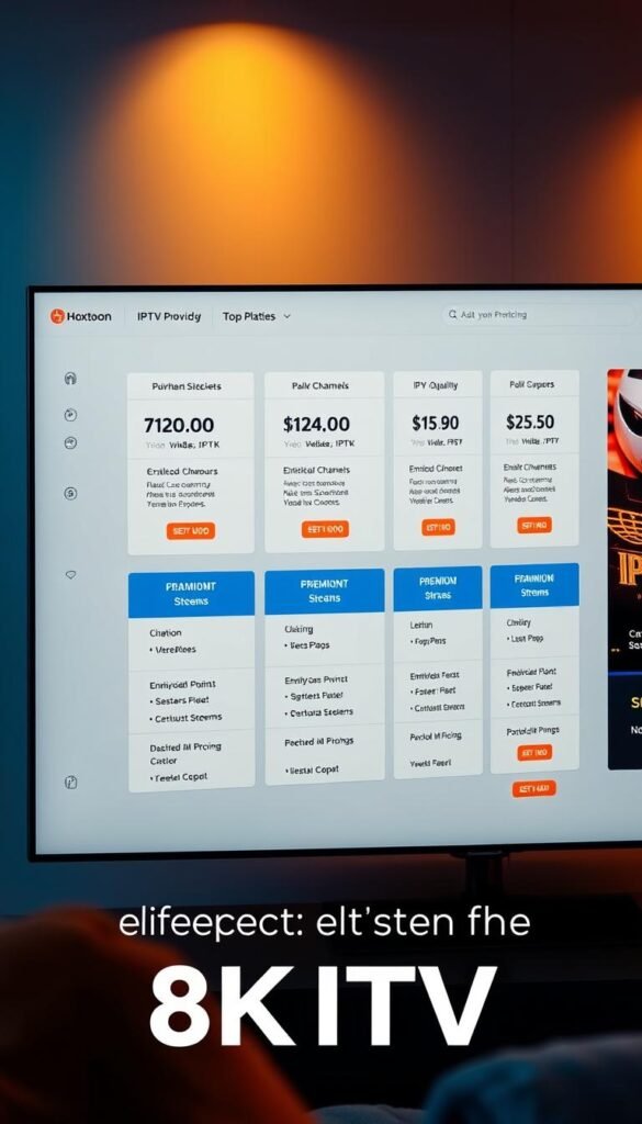 A sleek, modern dashboard displaying the top-rated IPTV subscription plans from the premium Hoxtoon Provider. The plans are arranged in a clean, grid-like layout, each featuring detailed information on the number of channels, video quality, simultaneous streams, and pricing. The background has a subtle gradient, creating a sense of depth and sophistication. Warm, directional lighting illuminates the plans, making the text and icons crisp and legible. The overall composition conveys a professional, high-end aesthetic that aligns with the article's focus on elevating the streaming experience with 8K IPTV.