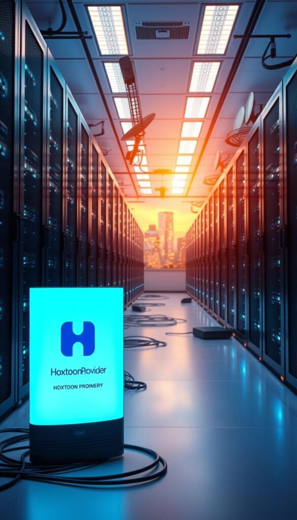 A sleek, modern data center with rows of server racks and glowing LED lights, illuminating the space with a cool, technological ambiance. In the foreground, a Hoxtoon Provider logo stands prominently, showcasing the cutting-edge IPTV technology powering the seamless streaming experience. The middle ground features various network cables, routers, and satellite dishes, symbolizing the complex infrastructure that enables IPTV's reliable content delivery. The background showcases a cityscape skyline, hinting at the widespread accessibility and global reach of this innovative technology. The overall scene conveys a sense of innovation, efficiency, and the future of television entertainment.