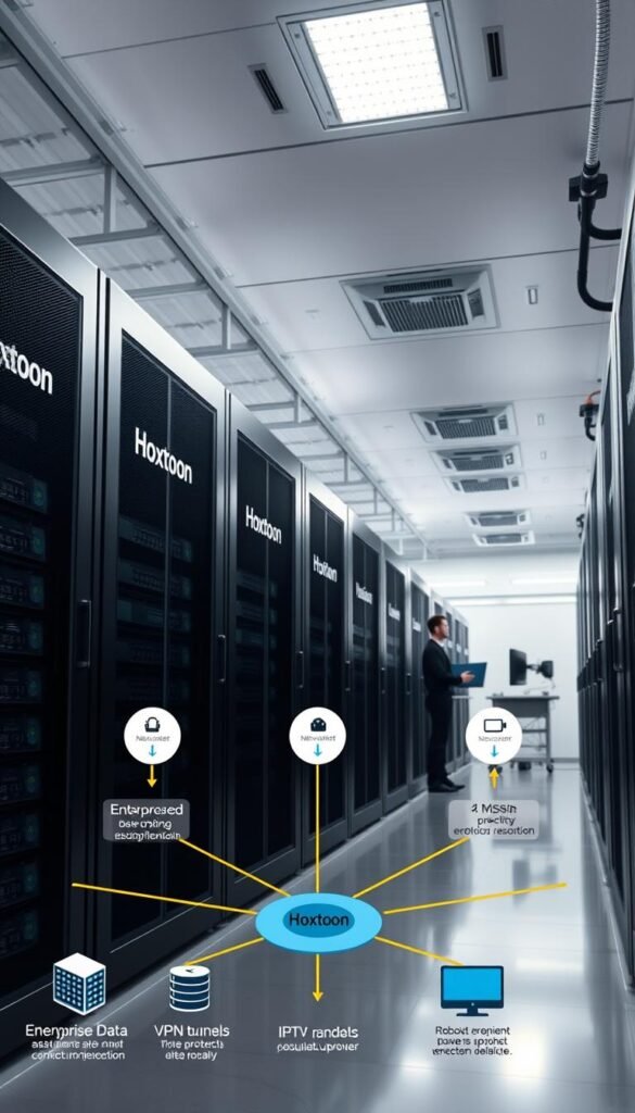 A sleek, modern datacenter interior with rows of secure server racks emblazoned with the "Hoxtoon Provider" logo. Soft lighting casts a gentle glow, underscoring the enterprise-grade security and privacy features of the IPTV service. In the foreground, a network diagram displays encrypted data flows, firewall configurations, and VPN tunnels, highlighting Hoxtoon's commitment to protecting user information. The middle ground features a technical specialist monitoring systems, ensuring robust uptime and reliability. The background showcases the datacenter's redundant power and cooling infrastructure, reinforcing Hoxtoon's technical prowess and trustworthiness.