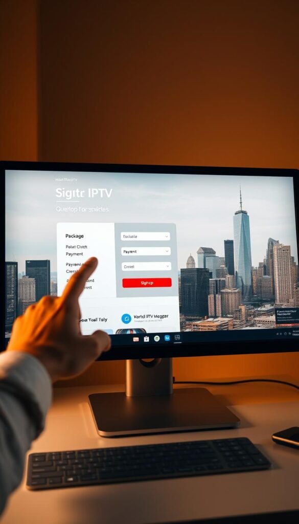 A sleek, modern desktop computer with a stylish monitor displays the Hoxtoon Provider IPTV subscription process. In the foreground, a hand clicks through the website, navigating the intuitive signup flow. The middle ground features a clean, well-organized interface with clear options for package selection, payment, and account creation. In the background, a city skyline with towering skyscrapers suggests the global reach and reliability of the Hoxtoon IPTV service. Soft, warm lighting creates a professional, trustworthy atmosphere, inviting the viewer to seamlessly join the Hoxtoon community.