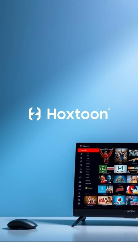 A sleek, modern desktop interface displaying the Hoxtoon Provider logo, showcasing a vast array of premium IPTV channels across various categories such as sports, movies, and entertainment. The foreground features a clean, minimalist design with intuitive controls and a visually appealing user experience. The middle ground highlights the diverse channel selection, presented in a grid-like layout with high-definition thumbnails. The background seamlessly blends shades of blue and gray, conveying a sense of professionalism and reliability. Soft, diffused lighting creates a pleasant, inviting atmosphere, emphasizing the premium quality of the Hoxtoon IPTV service.