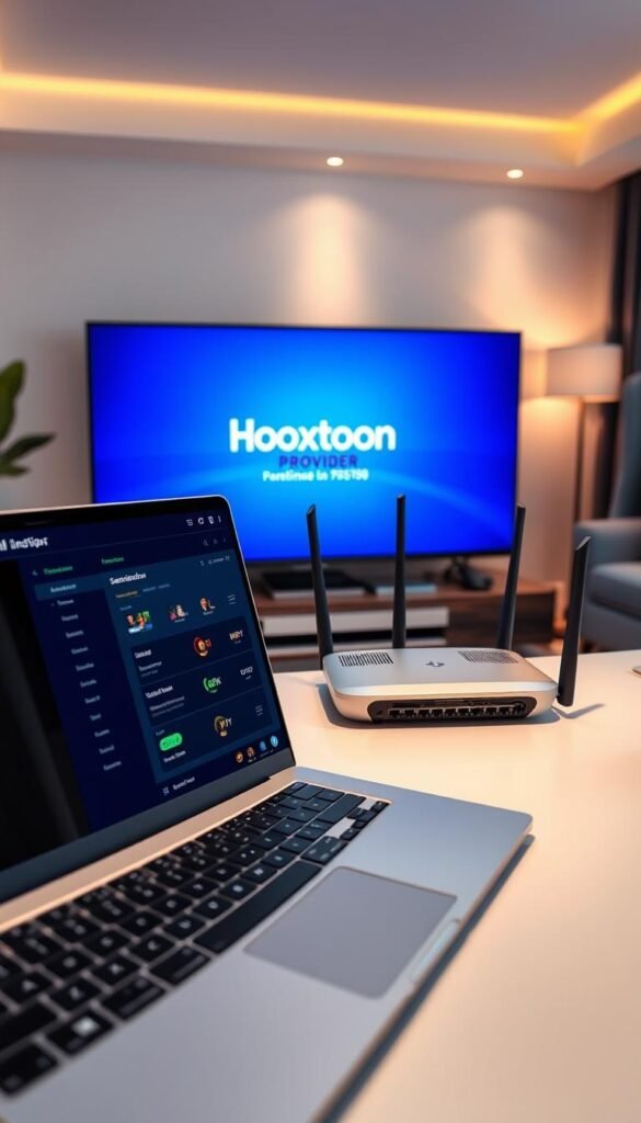 A sleek, modern desktop setup featuring a laptop, a high-end router, and a smart TV displaying the Hoxtoon Provider logo. The foreground showcases the laptop screen with a subscription dashboard, highlighting the lifetime IPTV plan details. In the middle ground, the router symbolizes the reliable internet connection powering the IPTV service. The background features a stylish living room setting, conveying a sense of comfort and entertainment. Soft, warm lighting creates a cozy ambiance, while the color palette of blues, grays, and whites reflects the high-tech, premium nature of the Hoxtoon Provider IPTV offering.