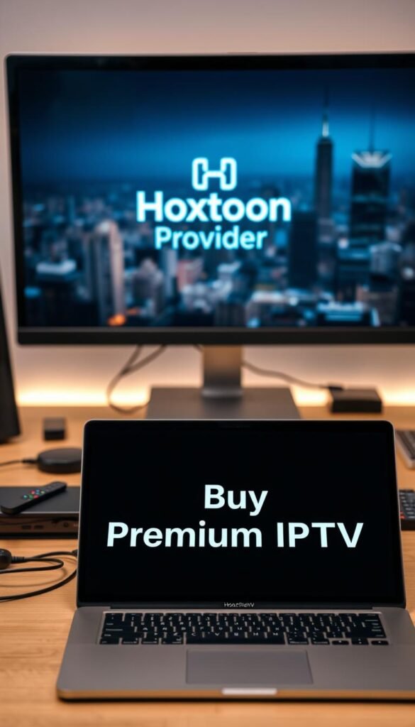 A sleek, modern desktop setup with a high-resolution 4K display showcasing the Hoxtoon Provider logo. In the foreground, a stylish laptop or tablet device prominently features the "Buy Premium IPTV" call-to-action, rendered in a clean, minimalist font. The middle ground features technical equipment like streaming devices, remotes, and cables, suggesting the tools needed for a premium IPTV experience. The background depicts a blurred cityscape or digital landscape, evoking a sense of connectivity and technology. The overall lighting is soft and diffused, creating a professional, aspirational atmosphere.