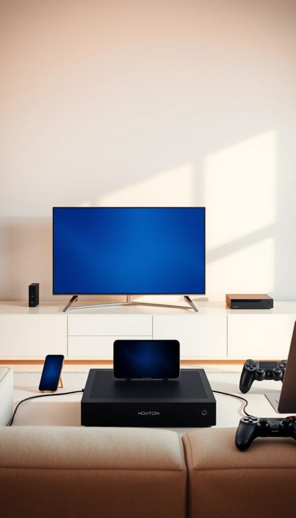 A sleek, modern device arrangement showcasing the multi-device compatibility of a Hoxtoon Provider IPTV subscription. In the foreground, a minimalist smart TV and tablet display crystal-clear streaming, while a smartphone, laptop, and gaming console surround them, all seamlessly connected. The middle ground features a clean, uncluttered workspace, bathed in warm, natural lighting that highlights the versatility of the setup. In the background, a subtle gradient backdrop creates a sense of depth and sophistication. The overall scene conveys the effortless, cutting-edge experience of the Hoxtoon Provider IPTV service, designed to elevate entertainment across a wide range of devices.