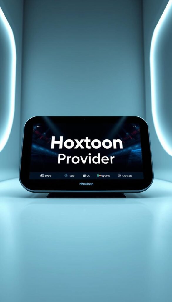 A sleek, modern digital device displaying the Hoxtoon Provider brand name, showcasing the seamless integration of a sports IPTV service. The screen presents a visually appealing user interface, highlighting the multi-device compatibility with smartphones, tablets, smart TVs, and other connected platforms. The device is surrounded by a minimalist, high-tech environment, with clean lines and subtle lighting accents that convey a sense of technological sophistication. The overall composition emphasizes the versatility and accessibility of the Hoxtoon sports IPTV service, catering to the diverse needs of modern sports enthusiasts across multiple devices.